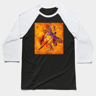 Navy-blue embroidered dragonflies on textured vivid orange background Baseball T-Shirt